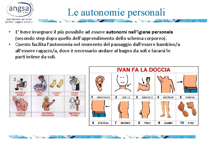 Le autonomie personali • E’ bene insegnare il più possibile ad essere autonomi nell’igiene