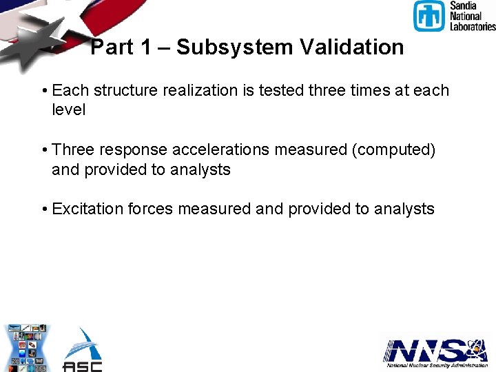 Part 1 – Subsystem Validation • Each structure realization is tested three times at