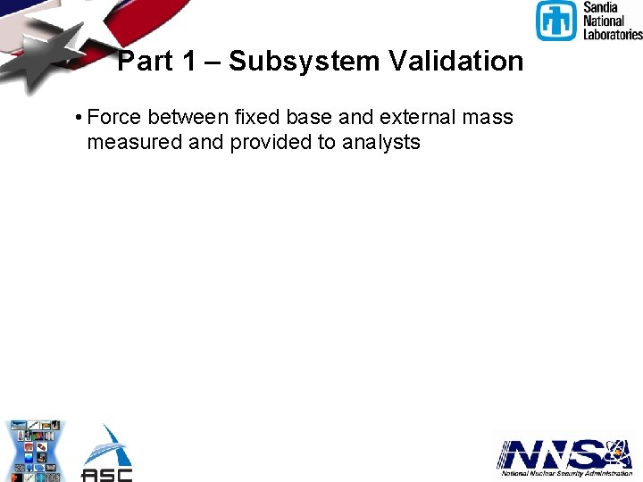 Part 1 – Subsystem Validation • Force between fixed base and external mass measured
