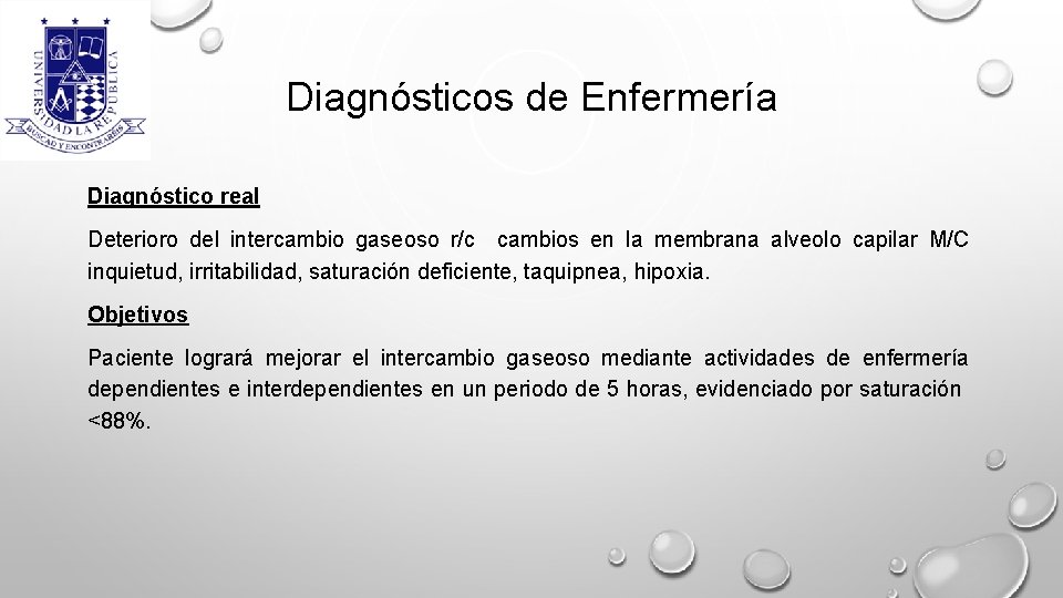 Diagnósticos de Enfermería Diagnóstico real Deterioro del intercambio gaseoso r/c cambios en la membrana