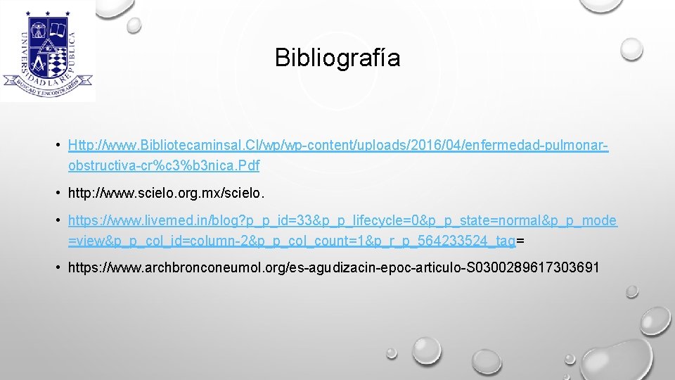 Bibliografía • Http: //www. Bibliotecaminsal. Cl/wp/wp-content/uploads/2016/04/enfermedad-pulmonarobstructiva-cr%c 3%b 3 nica. Pdf • http: //www. scielo.