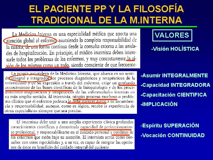 EL PACIENTE PP Y LA FILOSOFÍA TRADICIONAL DE LA M. INTERNA VALORES -Visión HOLÍSTICA