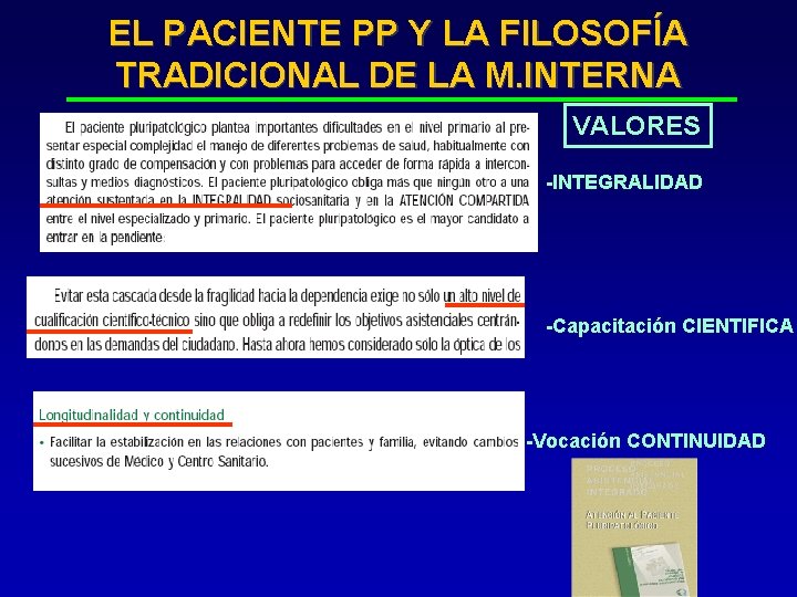 EL PACIENTE PP Y LA FILOSOFÍA TRADICIONAL DE LA M. INTERNA VALORES -INTEGRALIDAD -Capacitación