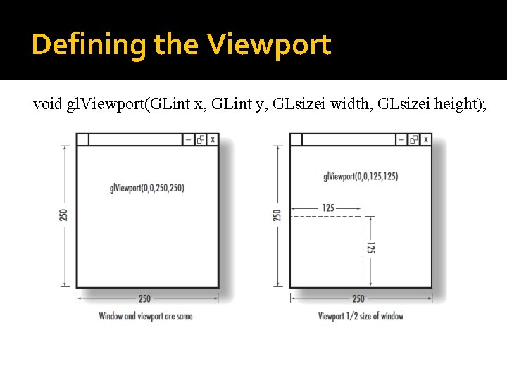 Defining the Viewport void gl. Viewport(GLint x, GLint y, GLsizei width, GLsizei height); 