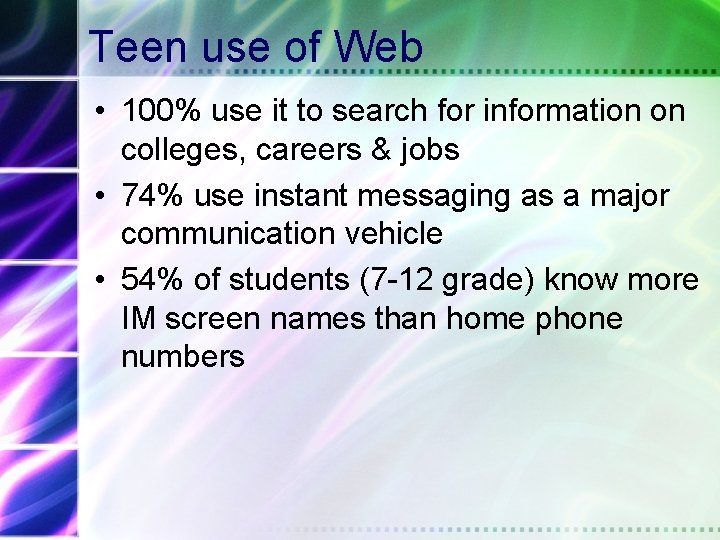 Teen use of Web • 100% use it to search for information on colleges,