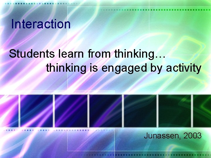 Interaction Students learn from thinking… thinking is engaged by activity Junassen, 2003 