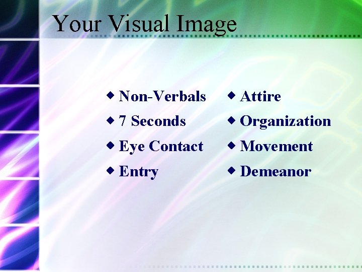 Your Visual Image Non-Verbals Attire 7 Seconds Organization Eye Contact Movement Entry Demeanor 