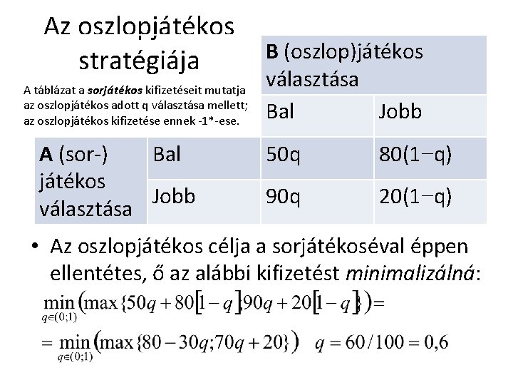 Az oszlopjátékos stratégiája A táblázat a sorjátékos kifizetéseit mutatja az oszlopjátékos adott q választása