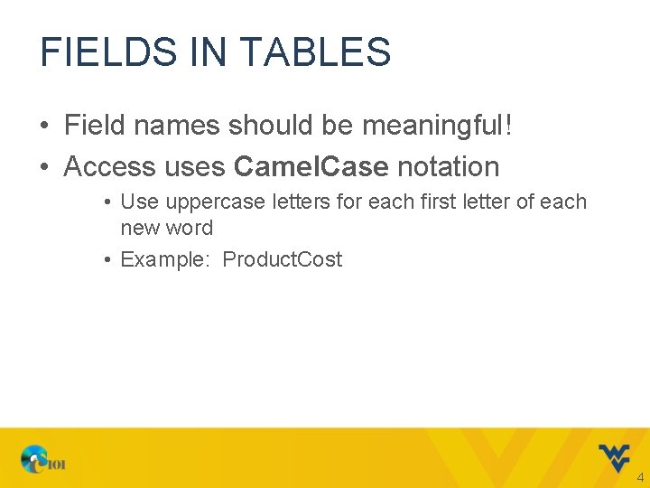 FIELDS IN TABLES • Field names should be meaningful! • Access uses Camel. Case