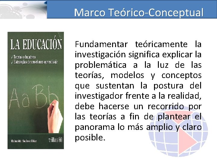 Marco Teórico-Conceptual Fundamentar teóricamente la investigación significa explicar la problemática a la luz de