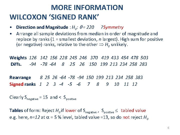 MORE INFORMATION WILCOXON ‘SIGNED RANK’ • Direction and Magnitude : H 0: = 220