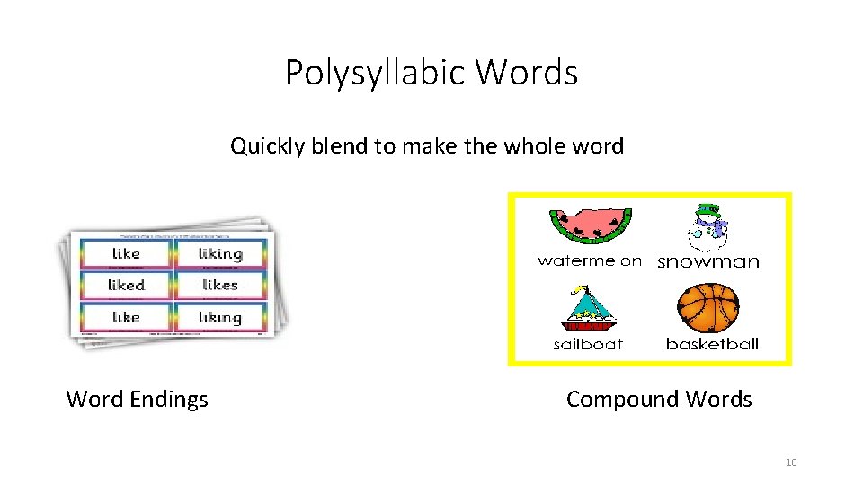 Polysyllabic Words Quickly blend to make the whole word Word Endings Compound Words 10