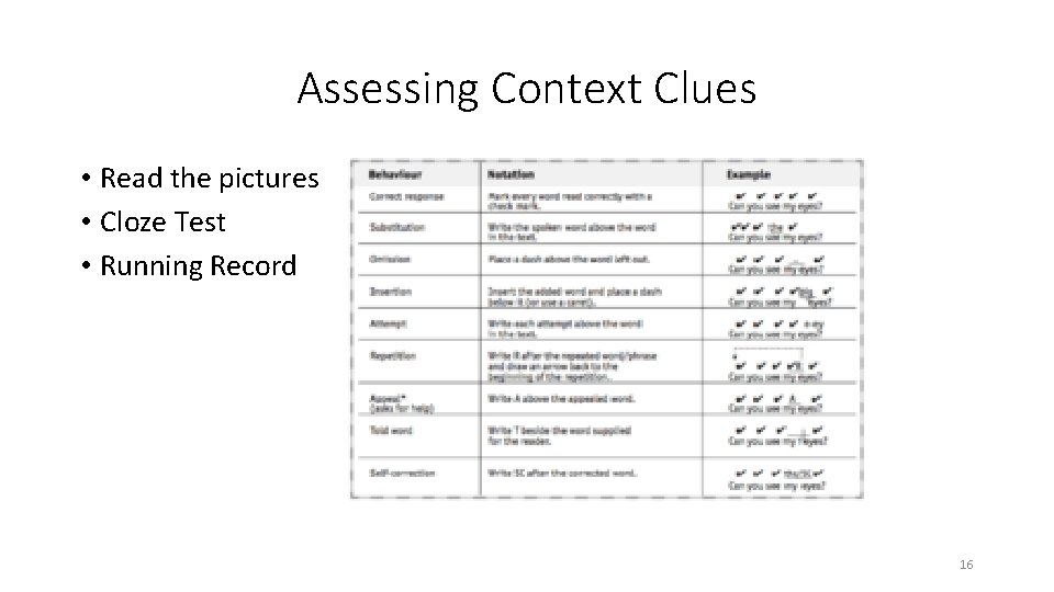 Assessing Context Clues • Read the pictures • Cloze Test • Running Record 16