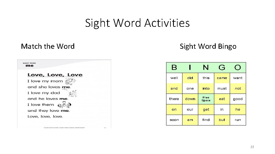 Sight Word Activities Match the Word Sight Word Bingo 22 