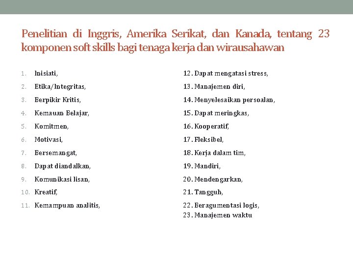 Penelitian di Inggris, Amerika Serikat, dan Kanada, tentang 23 komponen soft skills bagi tenaga