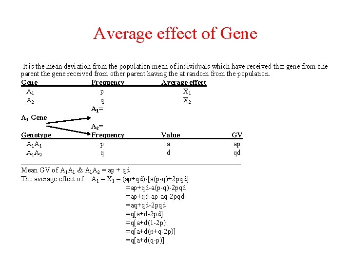 Average effect of Gene It is the mean deviation from the population mean of