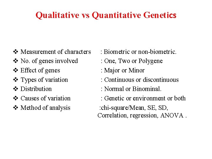 Qualitative vs Quantitative Genetics v v v v Measurement of characters No. of genes