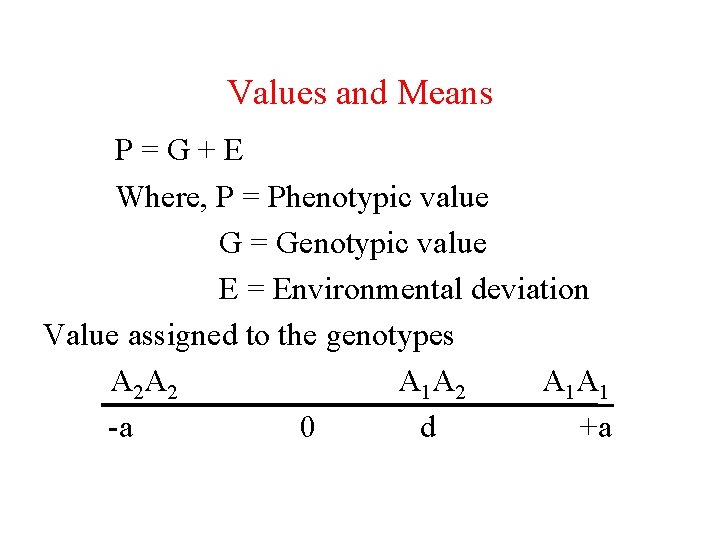 Values and Means P=G+E Where, P = Phenotypic value G = Genotypic value E