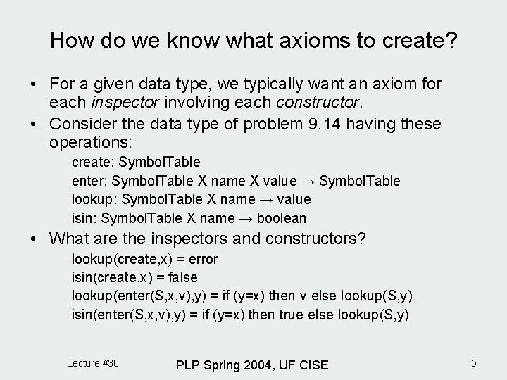 How do we know what axioms to create? • For a given data type,