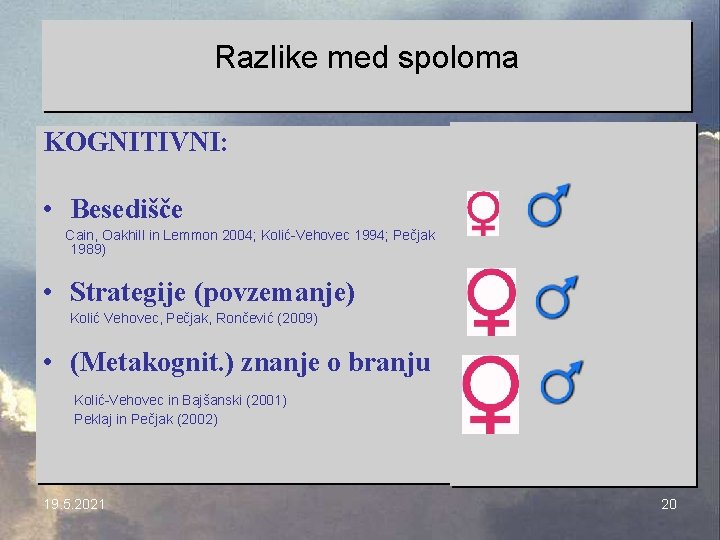 Razlike med spoloma KOGNITIVNI: • Besedišče Cain, Oakhill in Lemmon 2004; Kolić-Vehovec 1994; Pečjak