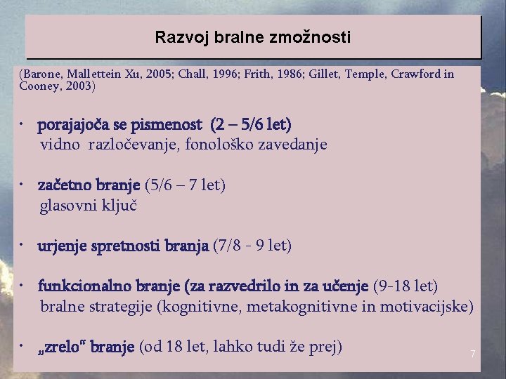 Razvoj bralne zmožnosti (Barone, Mallettein Xu, 2005; Chall, 1996; Frith, 1986; Gillet, Temple, Crawford