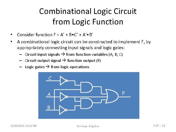 Combinational Logic Circuit from Logic Function • Consider function F = A’ + B Combinational Logic Circuit from Logic Function • Consider function F = A’ + B