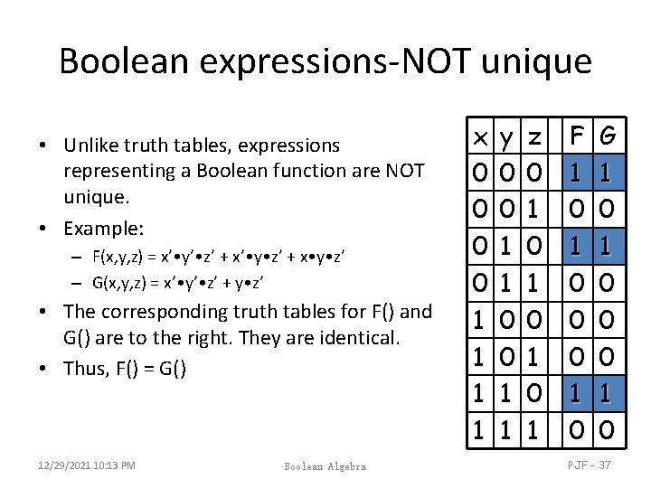 Boolean expressions-NOT unique • Unlike truth tables, expressions representing a Boolean function are NOT Boolean expressions-NOT unique • Unlike truth tables, expressions representing a Boolean function are NOT