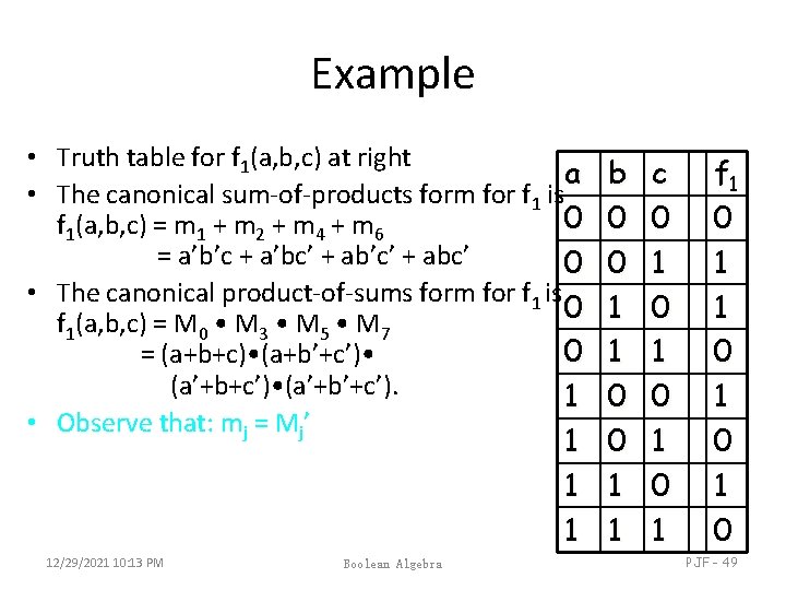 Example • Truth table for f 1(a, b, c) at right a • The Example • Truth table for f 1(a, b, c) at right a • The