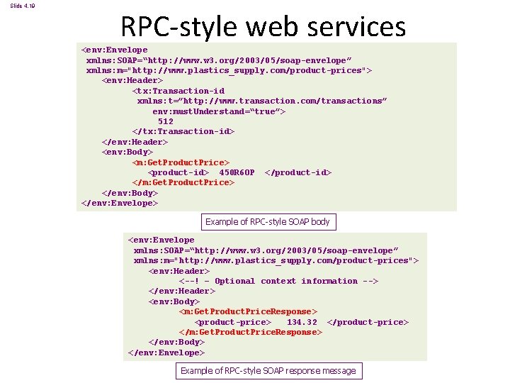 Slide 4. 19 RPC-style web services <env: Envelope xmlns: SOAP=“http: //www. w 3. org/2003/05/soap-envelope”