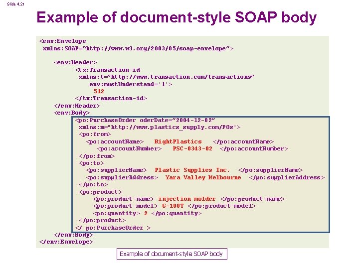 Slide 4. 21 Example of document-style SOAP body <env: Envelope xmlns: SOAP=“http: //www. w