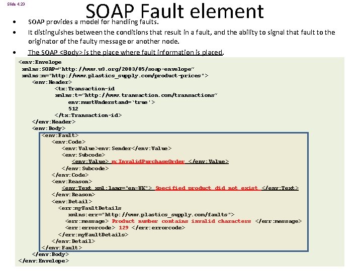 Slide 4. 23 • • • SOAP Fault element SOAP provides a model for
