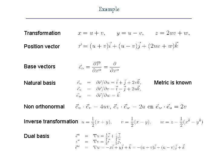 Example Transformation Position vector Base vectors Natural basis Non orthonormal Inverse transformation Dual basis