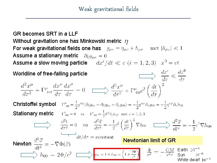 Weak gravitational fields GR becomes SRT in a LLF Without gravitation one has Minkowski