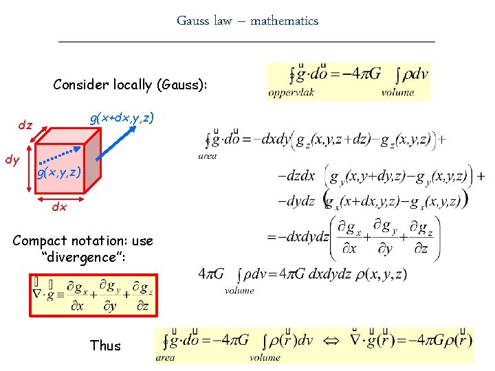 Gauss law – mathematics Consider locally (Gauss): g(x+dx, y, z) dz dy g(x, y,