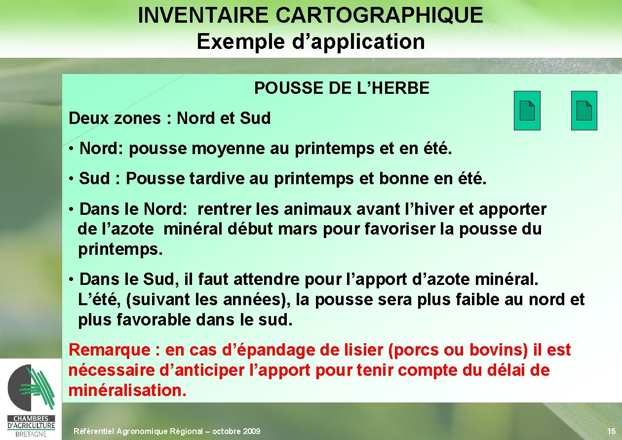 INVENTAIRE CARTOGRAPHIQUE Exemple d’application POUSSE DE L’HERBE Deux zones : Nord et Sud •