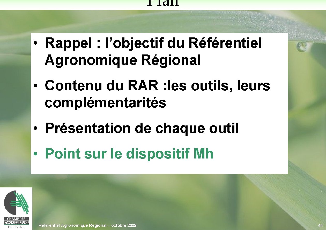 Plan • Rappel : l’objectif du Référentiel Agronomique Régional • Contenu du RAR :