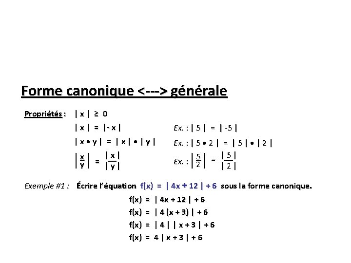 Forme canonique <---> générale Propriétés : | x | ≥ 0 | x |