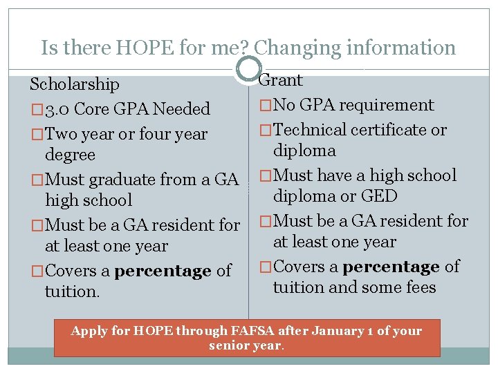 Is there HOPE for me? Changing information Scholarship � 3. 0 Core GPA Needed