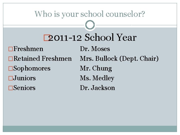 Who is your school counselor? � 2011 -12 School Year �Freshmen �Retained Freshmen �Sophomores
