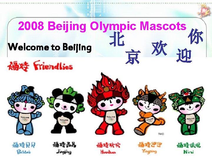 2008 Beijing Olympic Mascots Welcome to Beijing 你 欢 迎 京 北 