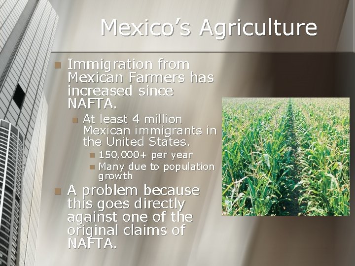 Mexico’s Agriculture n Immigration from Mexican Farmers has increased since NAFTA. n At least