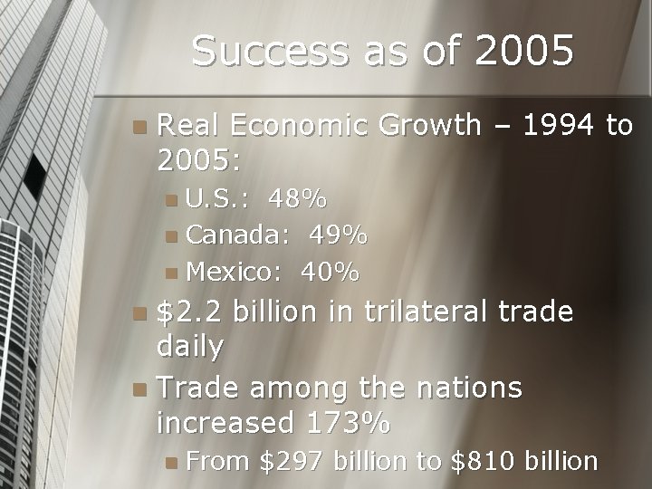 Success as of 2005 n Real Economic Growth – 1994 to 2005: n U.