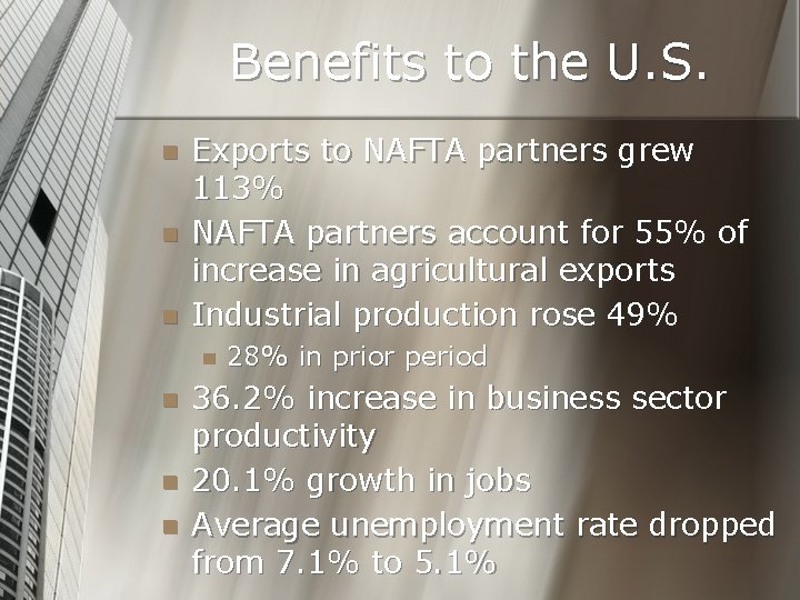 Benefits to the U. S. n n n Exports to NAFTA partners grew 113%