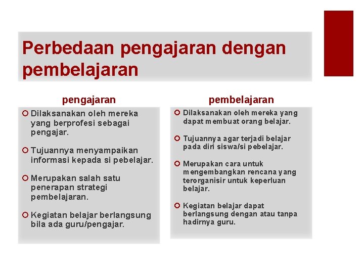 Perbedaan pengajaran dengan pembelajaran pengajaran ¡ Dilaksanakan oleh mereka yang berprofesi sebagai pengajar. ¡