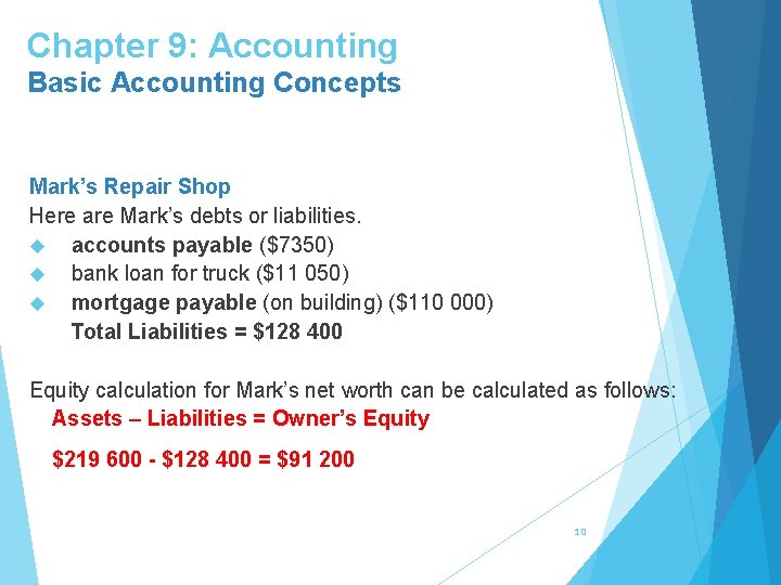 Chapter 9: Accounting Basic Accounting Concepts Mark’s Repair Shop Here are Mark’s debts or
