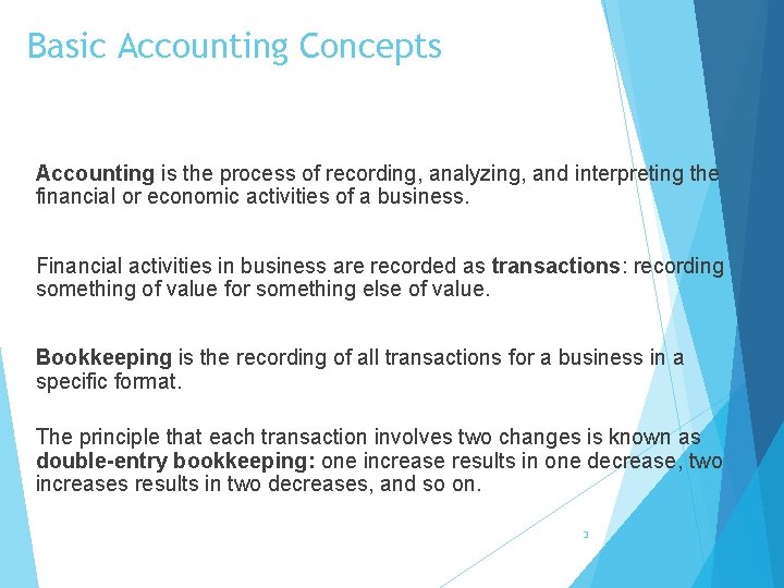 Basic Accounting Concepts Accounting is the process of recording, analyzing, and interpreting the financial