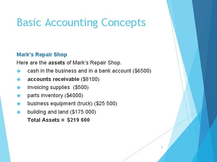 Basic Accounting Concepts Mark’s Repair Shop Here are the assets of Mark’s Repair Shop.