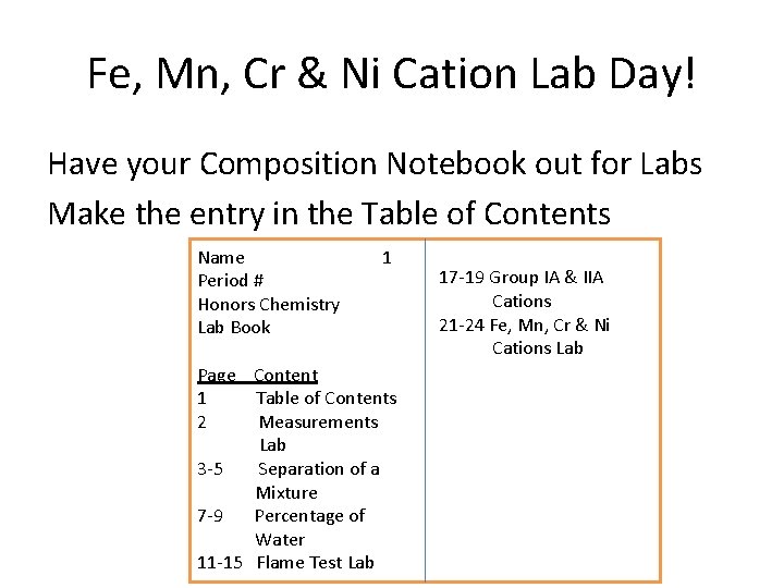 Fe, Mn, Cr & Ni Cation Lab Day! Have your Composition Notebook out for