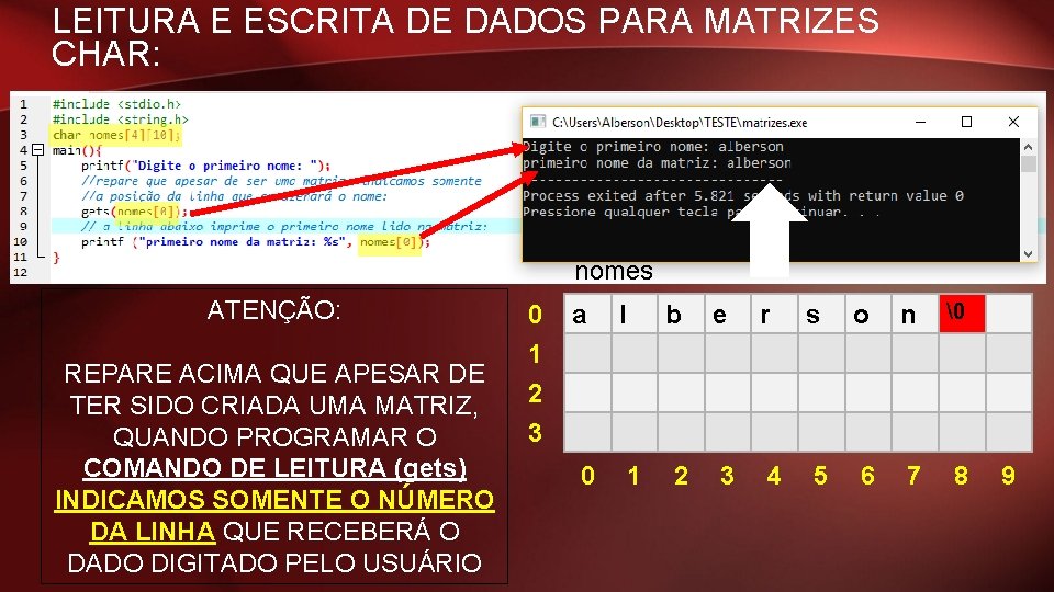 LEITURA E ESCRITA DE DADOS PARA MATRIZES CHAR: nomes ATENÇÃO: REPARE ACIMA QUE APESAR