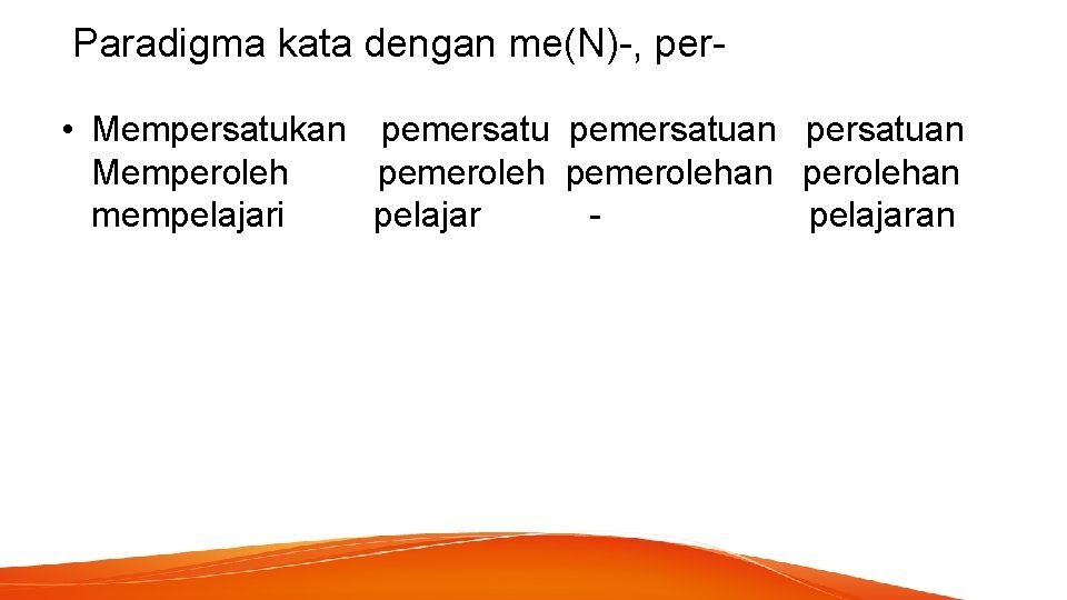 Paradigma kata dengan me(N)-, per • Mempersatukan pemersatuan persatuan Memperoleh pemerolehan perolehan mempelajari pelajaran